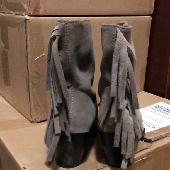 Zara Taupe Gray Suede Leather Fringe Ankle Boots - Picture 7 of 8